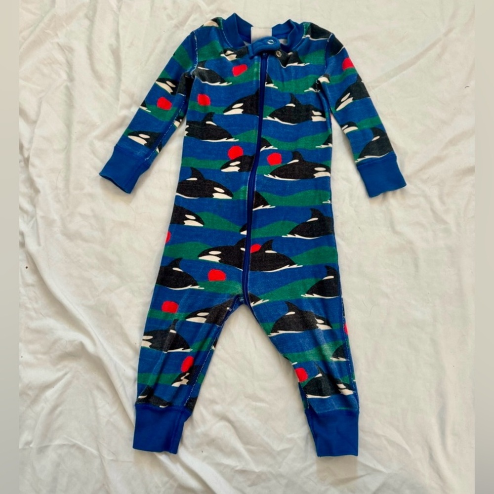 Hanna Andersson orca whale zipper pajamas unisex 12-18 months 100% cotton